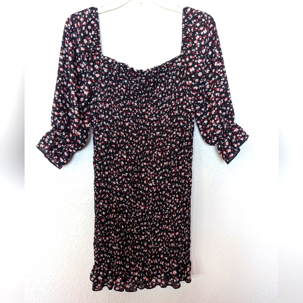Pink Blush Black Mini Floral Smock Dress